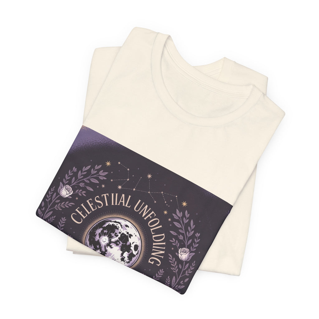 Celestial Unfolding Graphic Tee — Moon & Floral Astrology Shirt