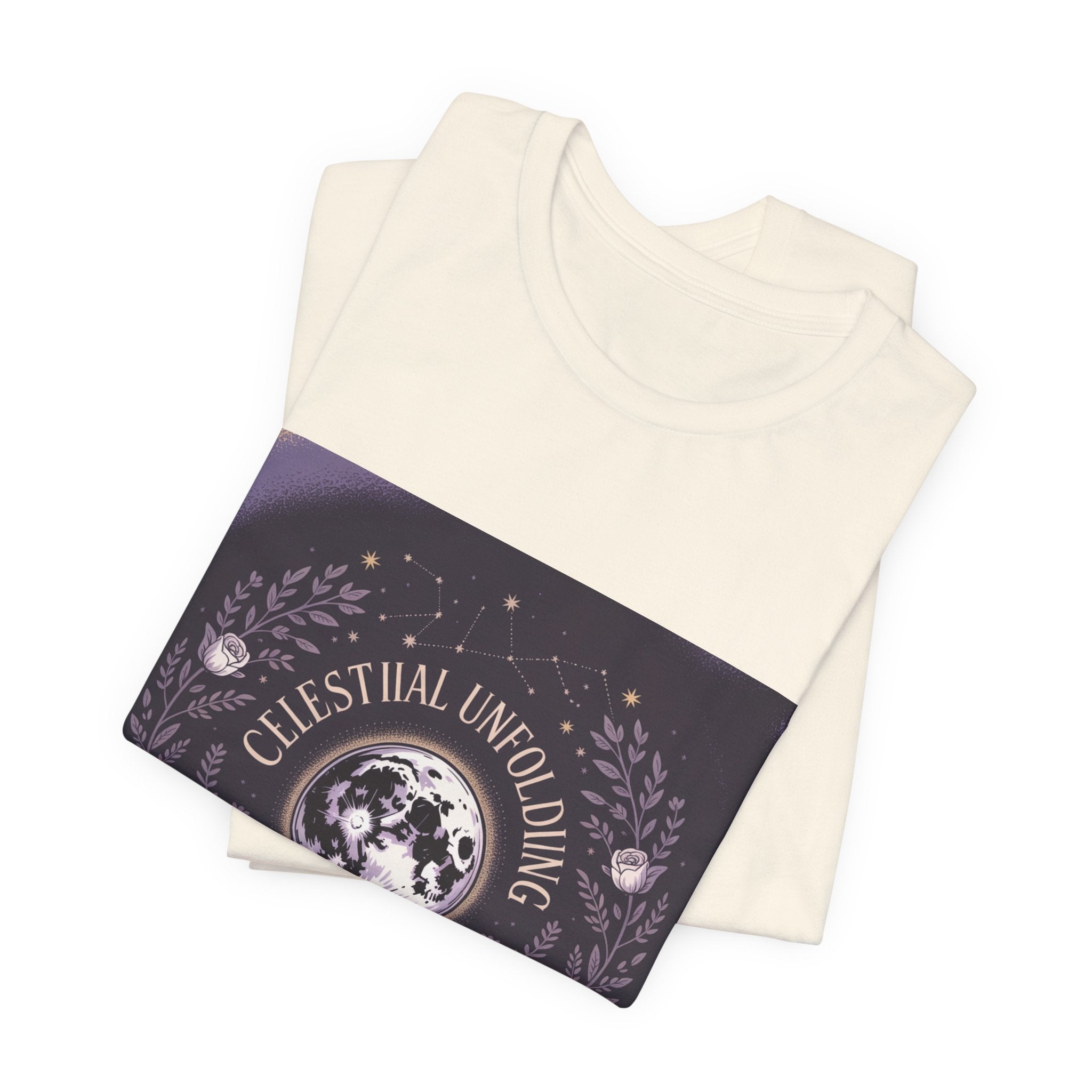 Celestial Unfolding Graphic Tee — Moon & Floral Astrology Shirt