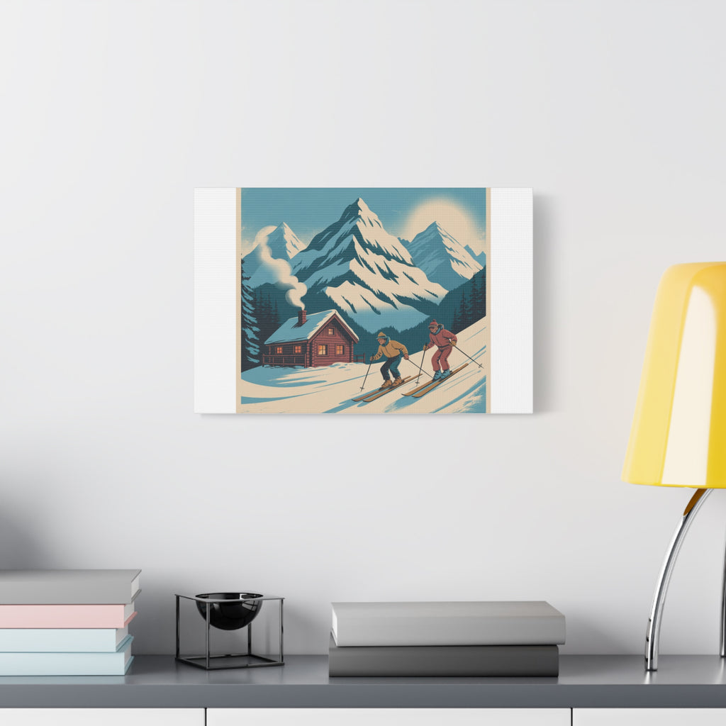 Retro Ski Mountain Canvas Print — Vintage Winter Cabin Art