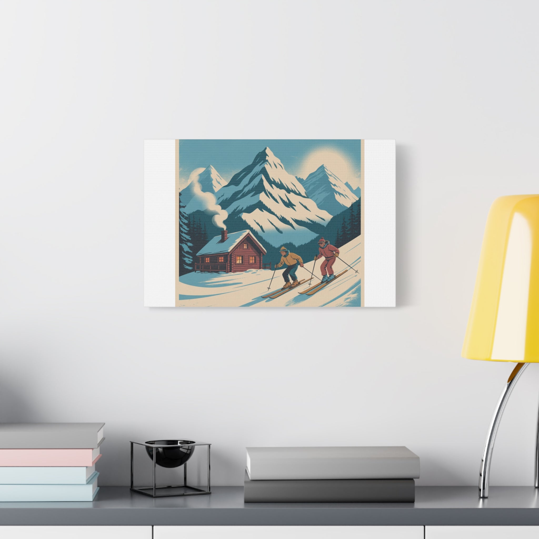 Retro Ski Mountain Canvas Print — Vintage Winter Cabin Art
