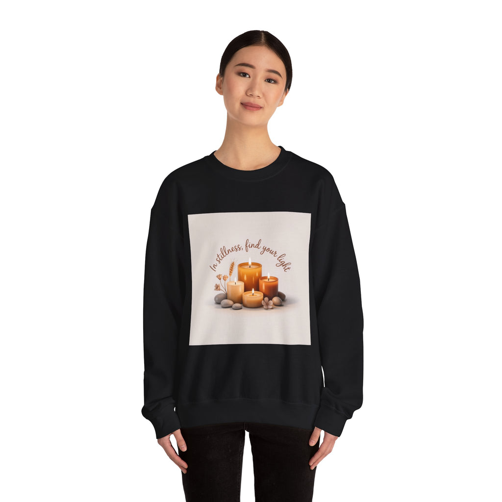 Cozy Candle Crewneck Sweatshirt — "In Stillness Find Your Light" Relaxation Pullover