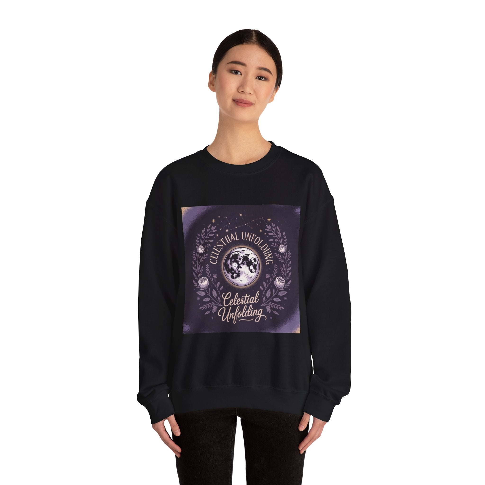 Celestial Unfolding Sweatshirt — Moon Phase Graphic Crewneck