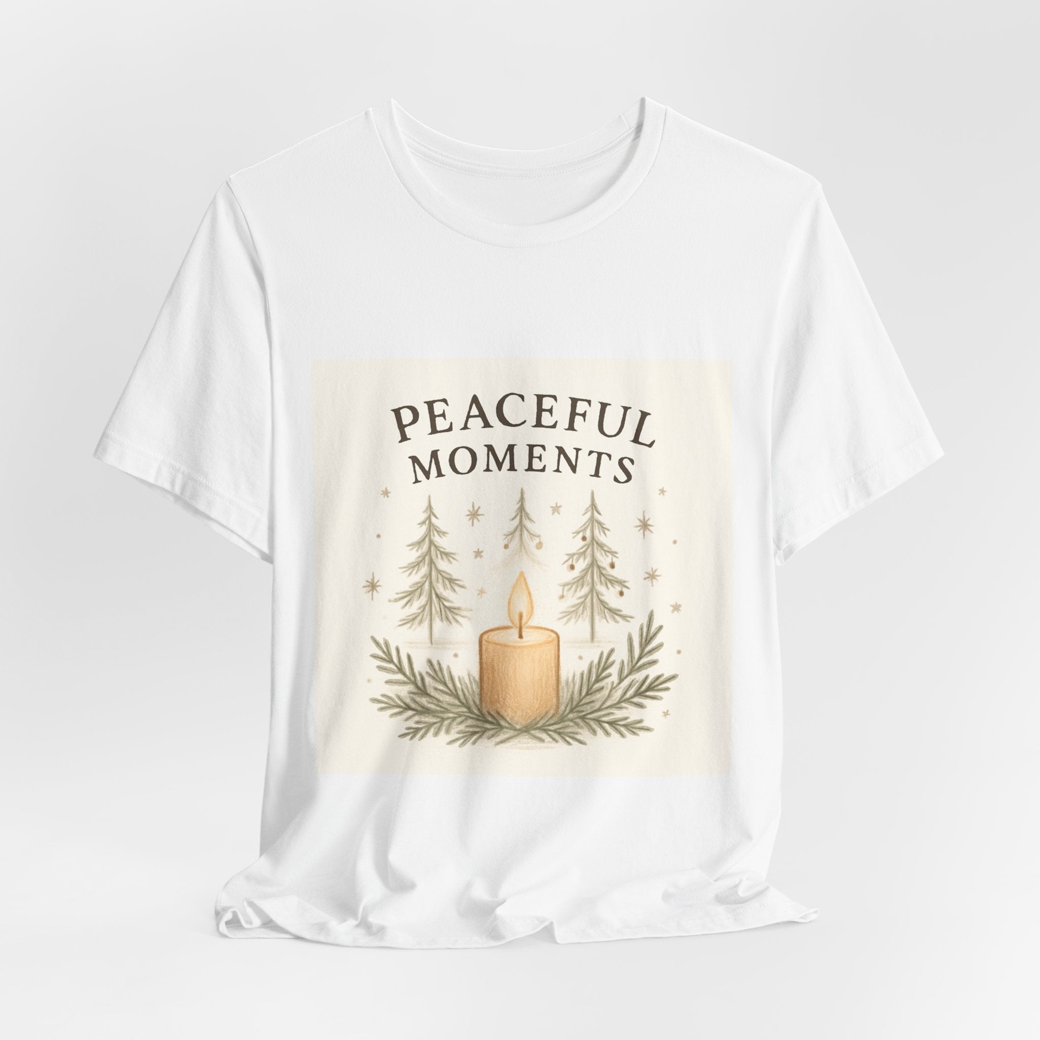 Peaceful Moments Candle Tee – Forest Pines Holiday Graphic T-Shirt