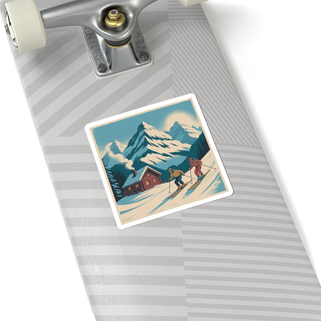 Retro Skiing Mountain Sticker — Vintage Winter Cabin Skiers Kiss-Cut Sticker