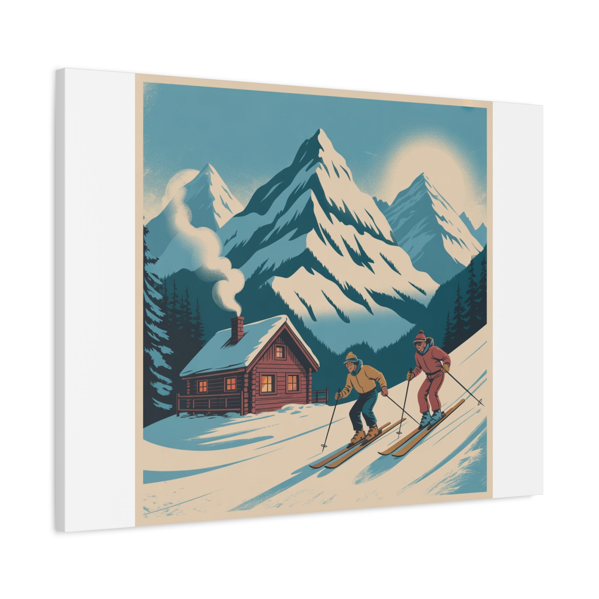Retro Ski Mountain Canvas Print — Vintage Winter Cabin Art