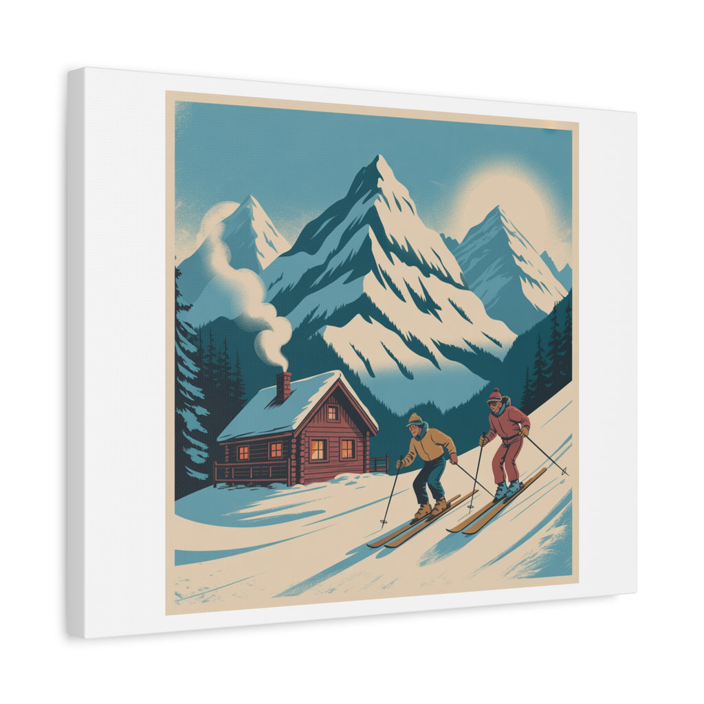 Retro Ski Mountain Canvas Print — Vintage Winter Cabin Art