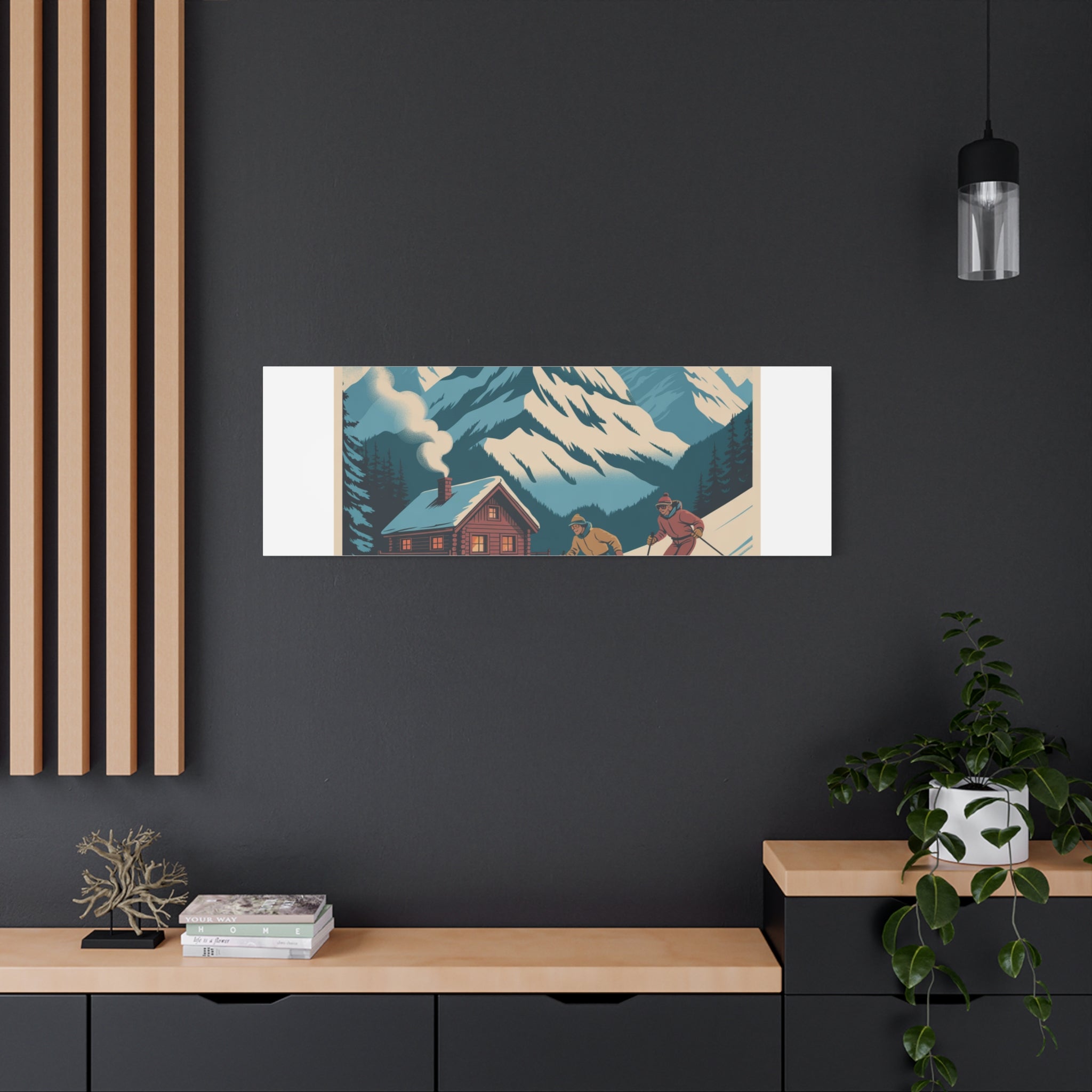 Retro Ski Mountain Canvas Print — Vintage Winter Cabin Art