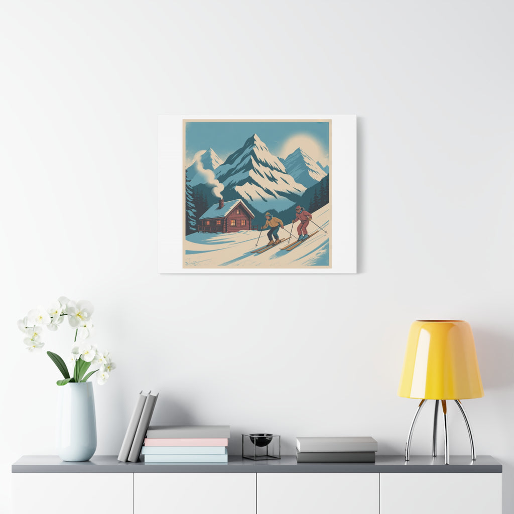 Retro Ski Mountain Canvas Print — Vintage Winter Cabin Art