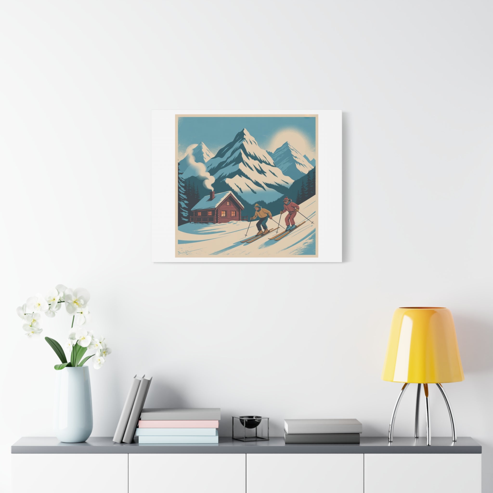 Retro Ski Mountain Canvas Print — Vintage Winter Cabin Art