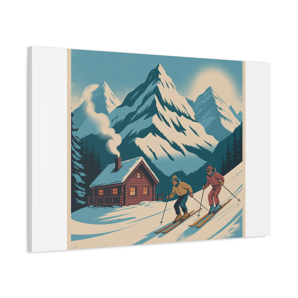 Retro Ski Mountain Canvas Print — Vintage Winter Cabin Art