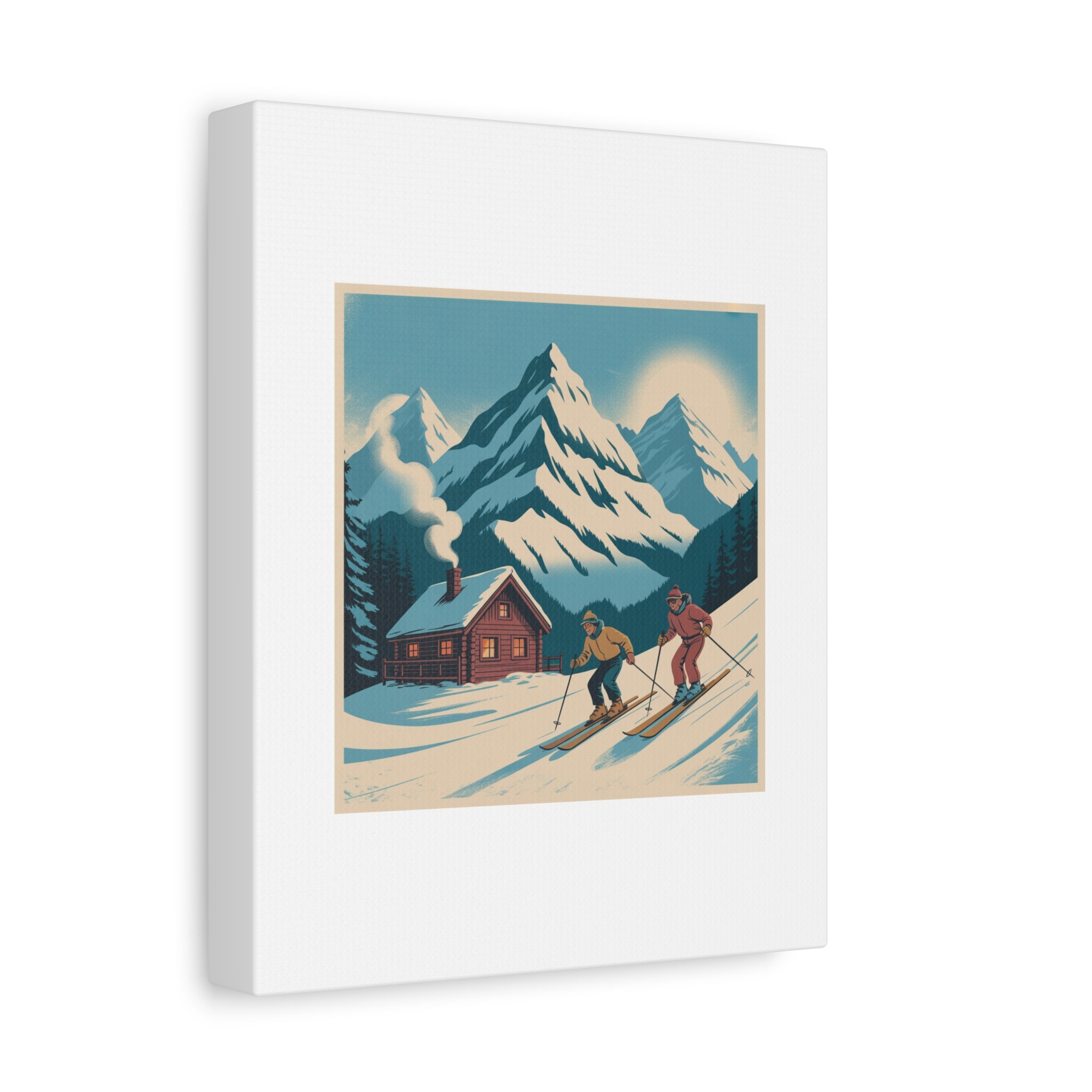 Retro Ski Mountain Canvas Print — Vintage Winter Cabin Art