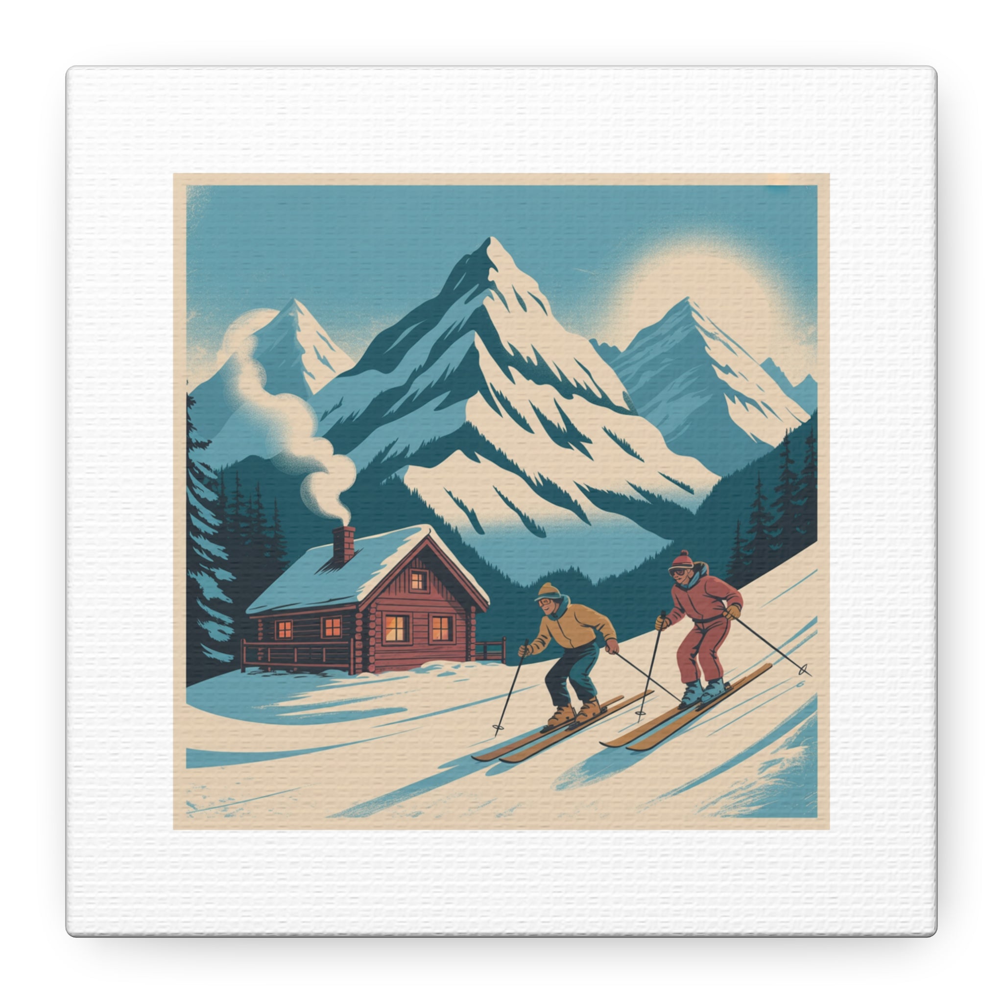 Retro Ski Mountain Canvas Print — Vintage Winter Cabin Art