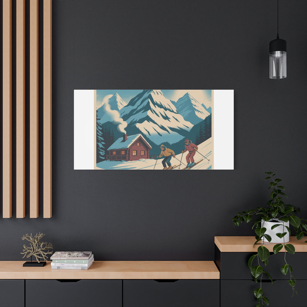 Retro Ski Mountain Canvas Print — Vintage Winter Cabin Art