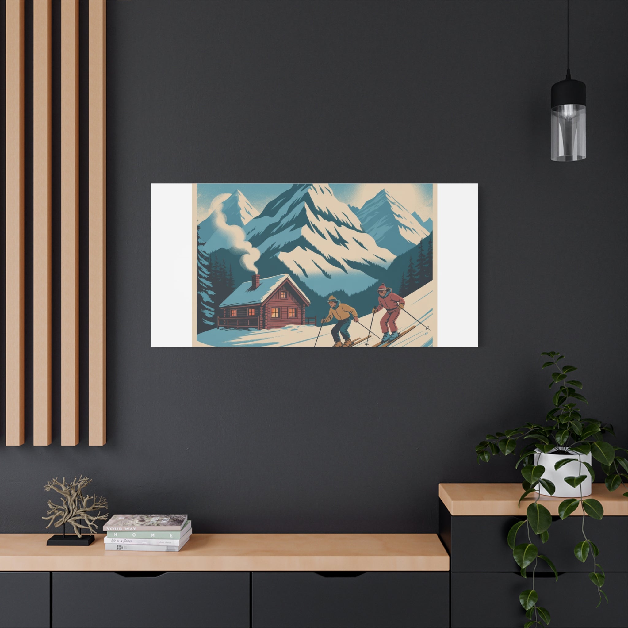 Retro Ski Mountain Canvas Print — Vintage Winter Cabin Art