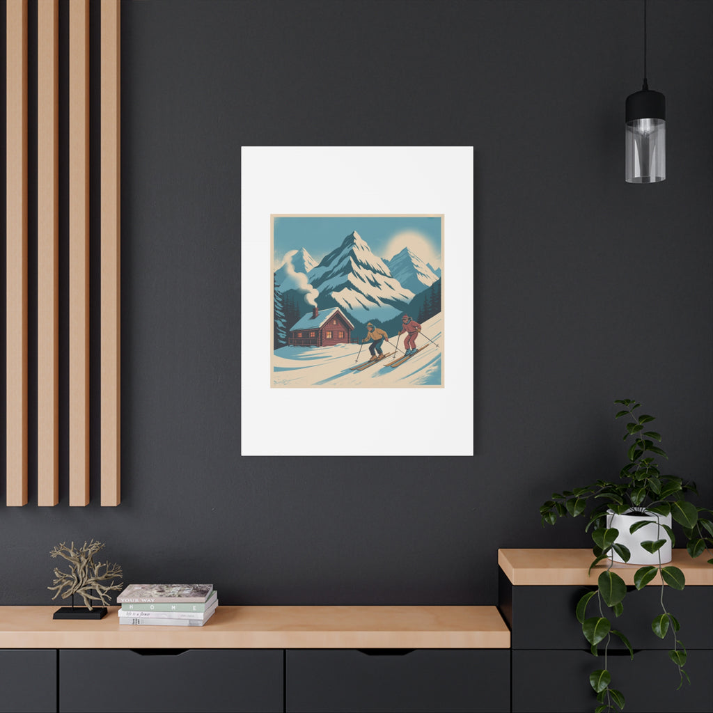 Retro Ski Mountain Canvas Print — Vintage Winter Cabin Art