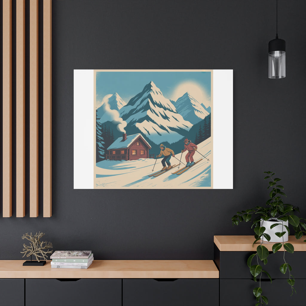 Retro Ski Mountain Canvas Print — Vintage Winter Cabin Art