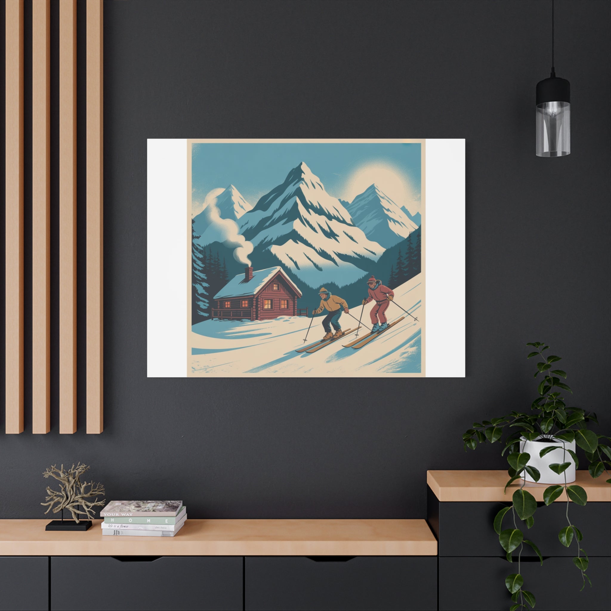 Retro Ski Mountain Canvas Print — Vintage Winter Cabin Art