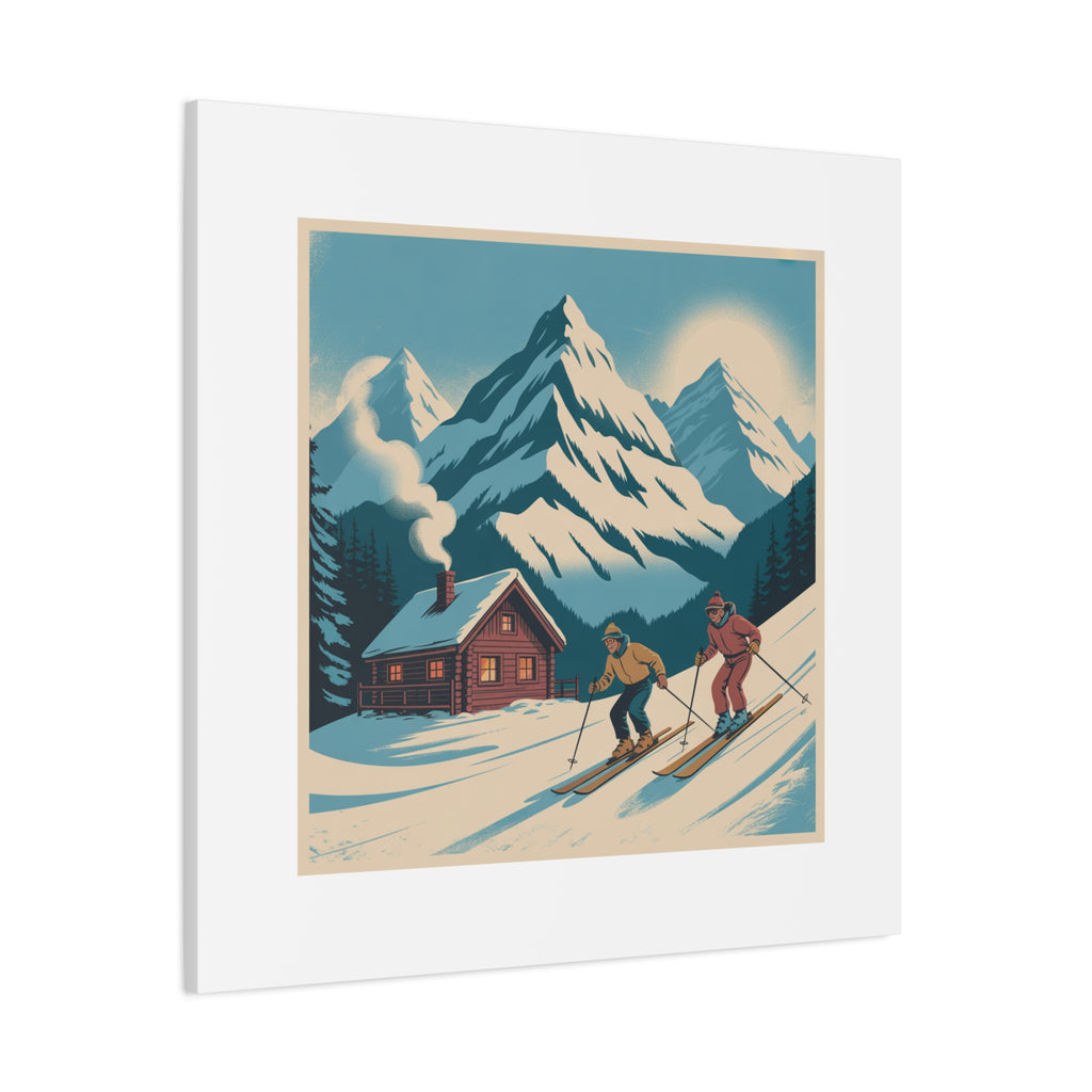 Retro Ski Mountain Canvas Print — Vintage Winter Cabin Art