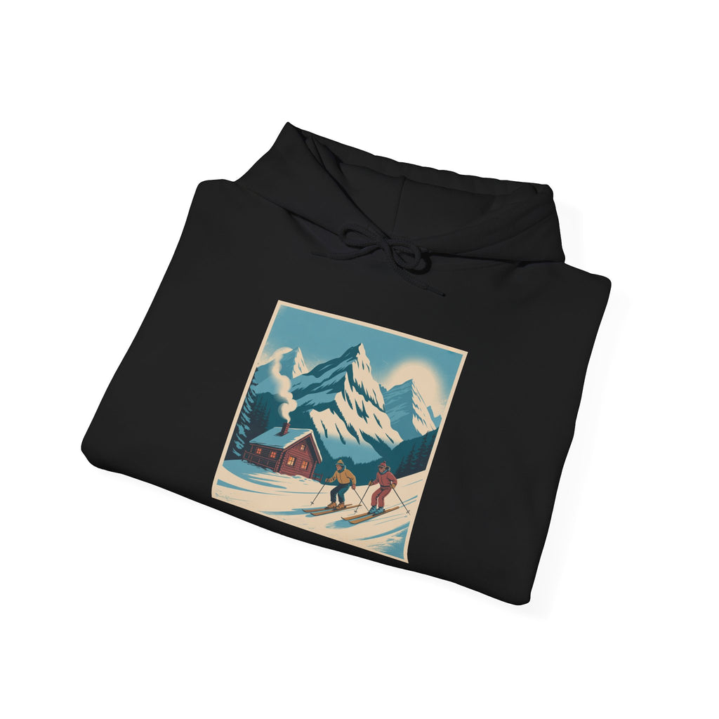 Mountain Ski Vintage Art Hoodie — Retro Alpine Chalet Winter Scene