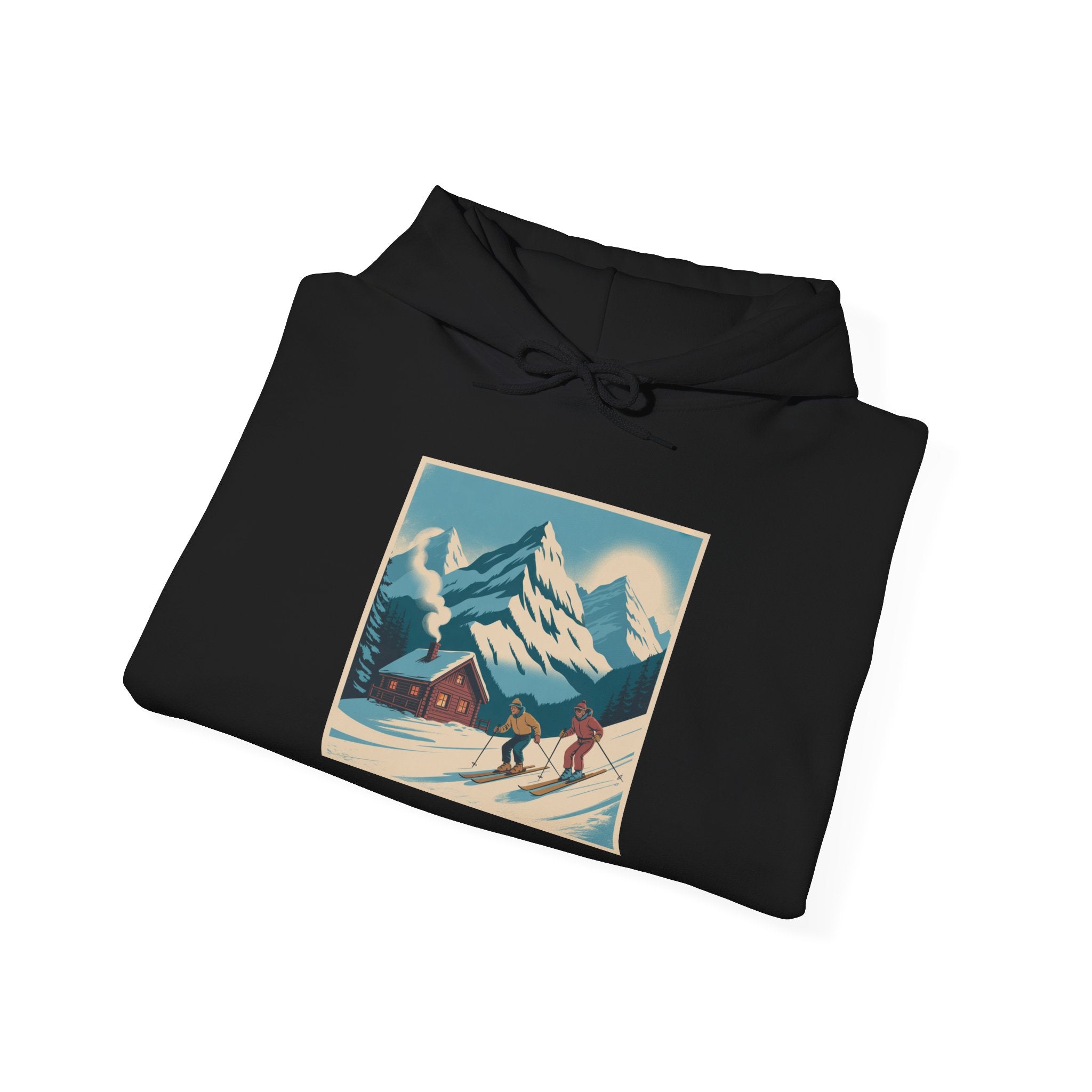 Mountain Ski Vintage Art Hoodie — Retro Alpine Chalet Winter Scene