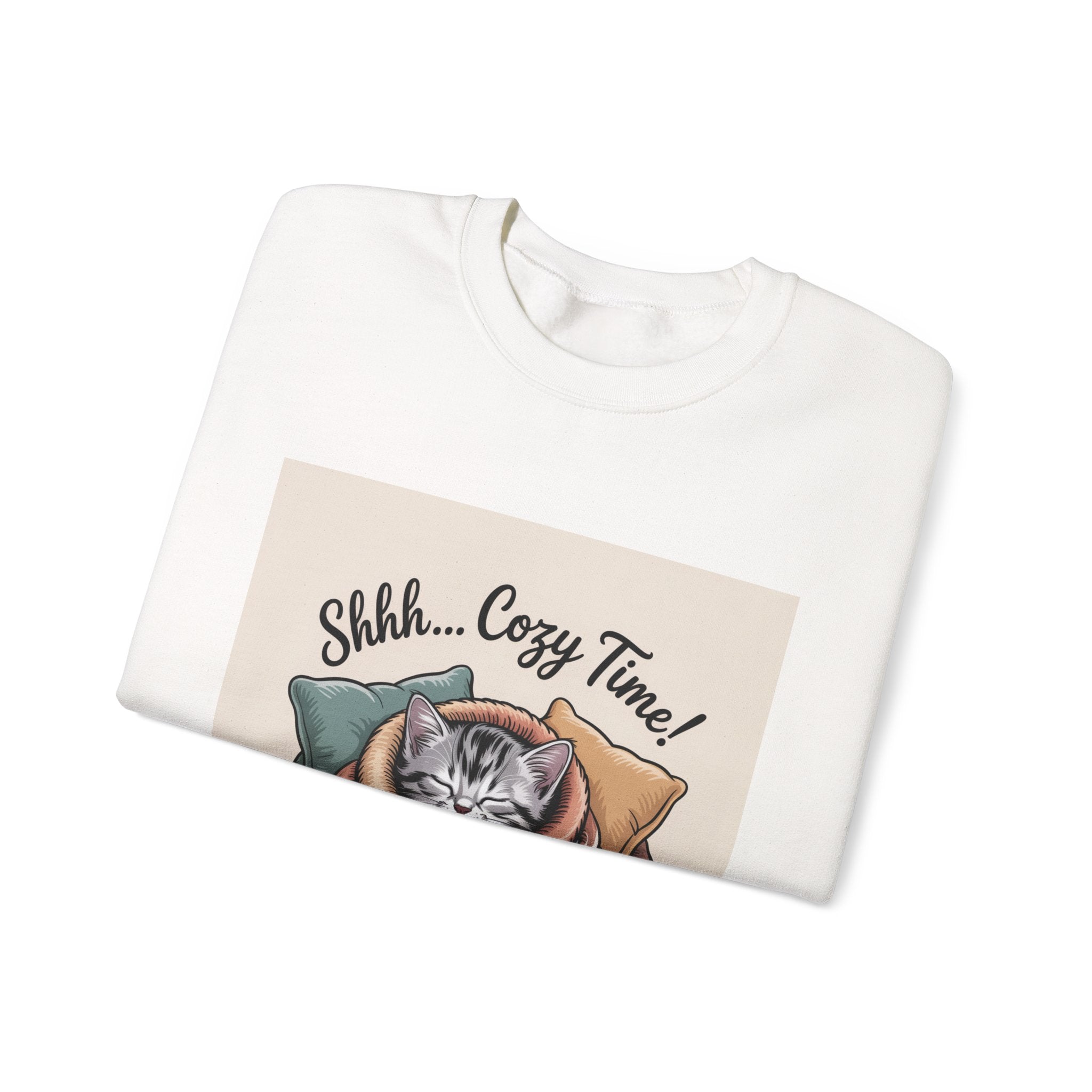 Cozy Cat Crewneck Sweatshirt — “Shhh... Cozy Time!” Graphic