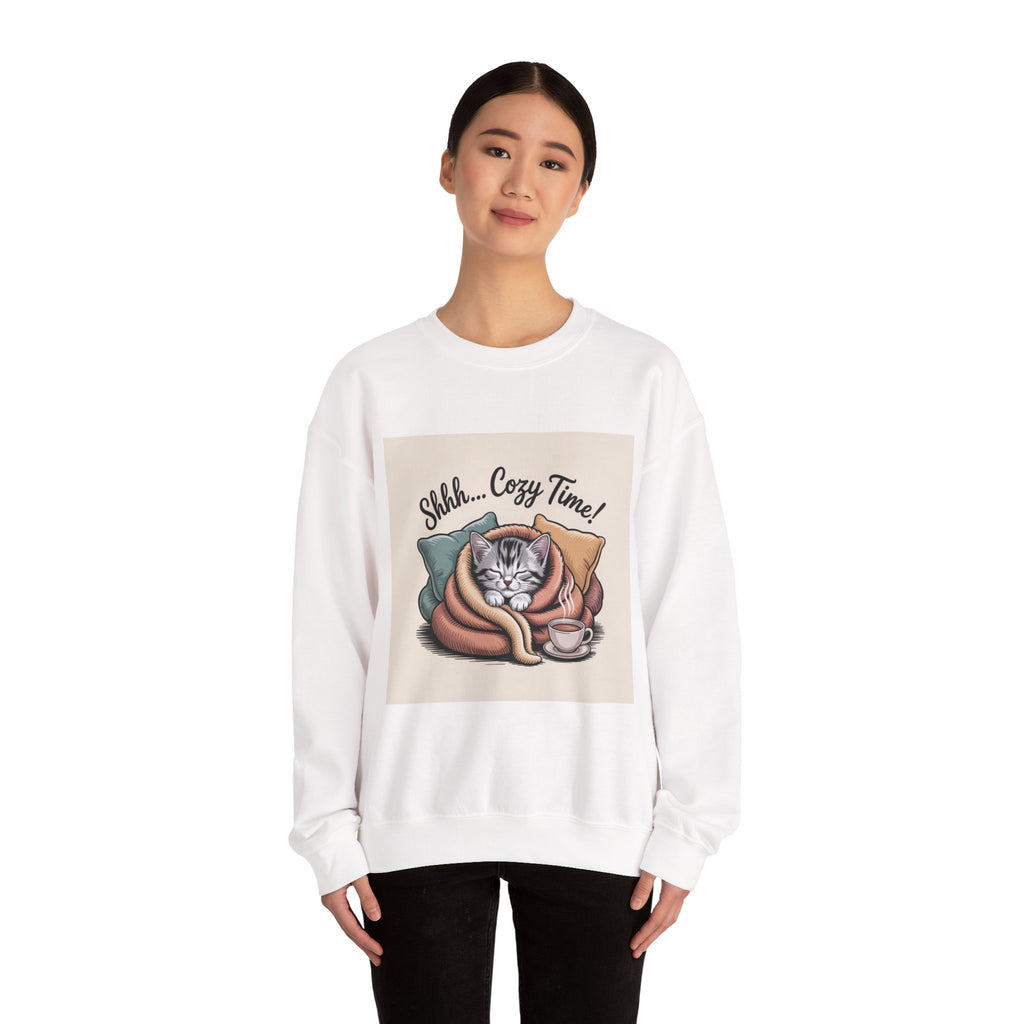 Cozy Cat Crewneck Sweatshirt — “Shhh... Cozy Time!” Graphic