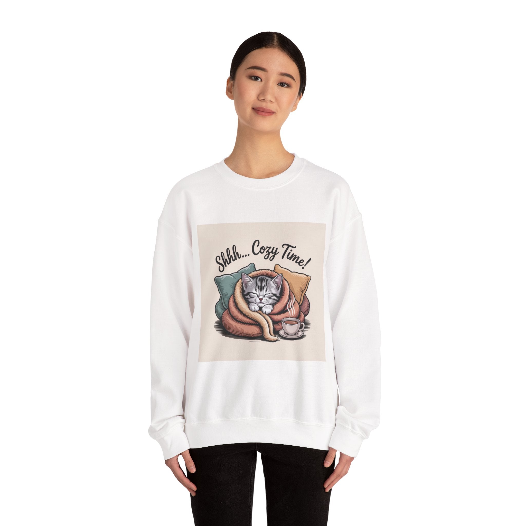 Cozy Cat Crewneck Sweatshirt — “Shhh... Cozy Time!” Graphic