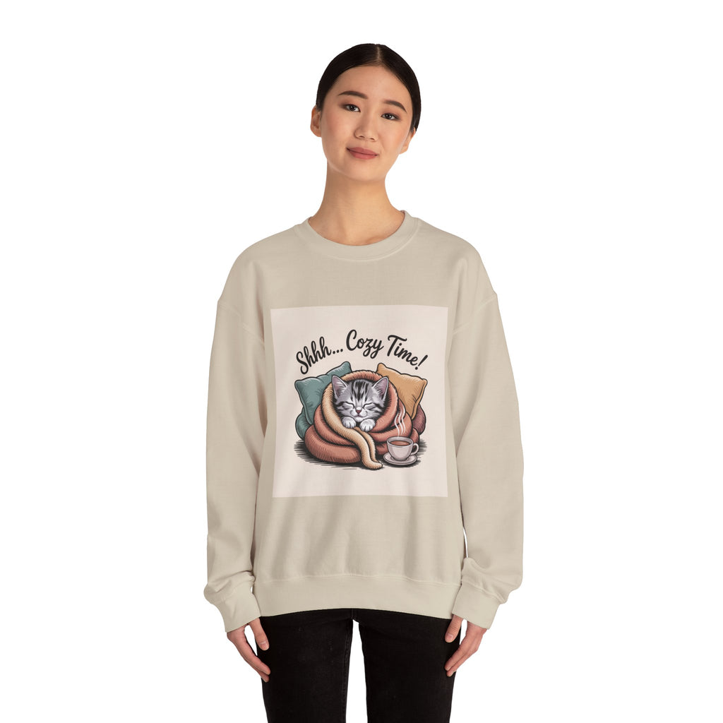 Cozy Cat Crewneck Sweatshirt — “Shhh... Cozy Time!” Graphic