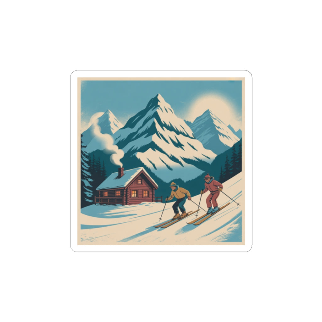 Retro Skiing Mountain Sticker — Vintage Winter Cabin Skiers Kiss-Cut Sticker