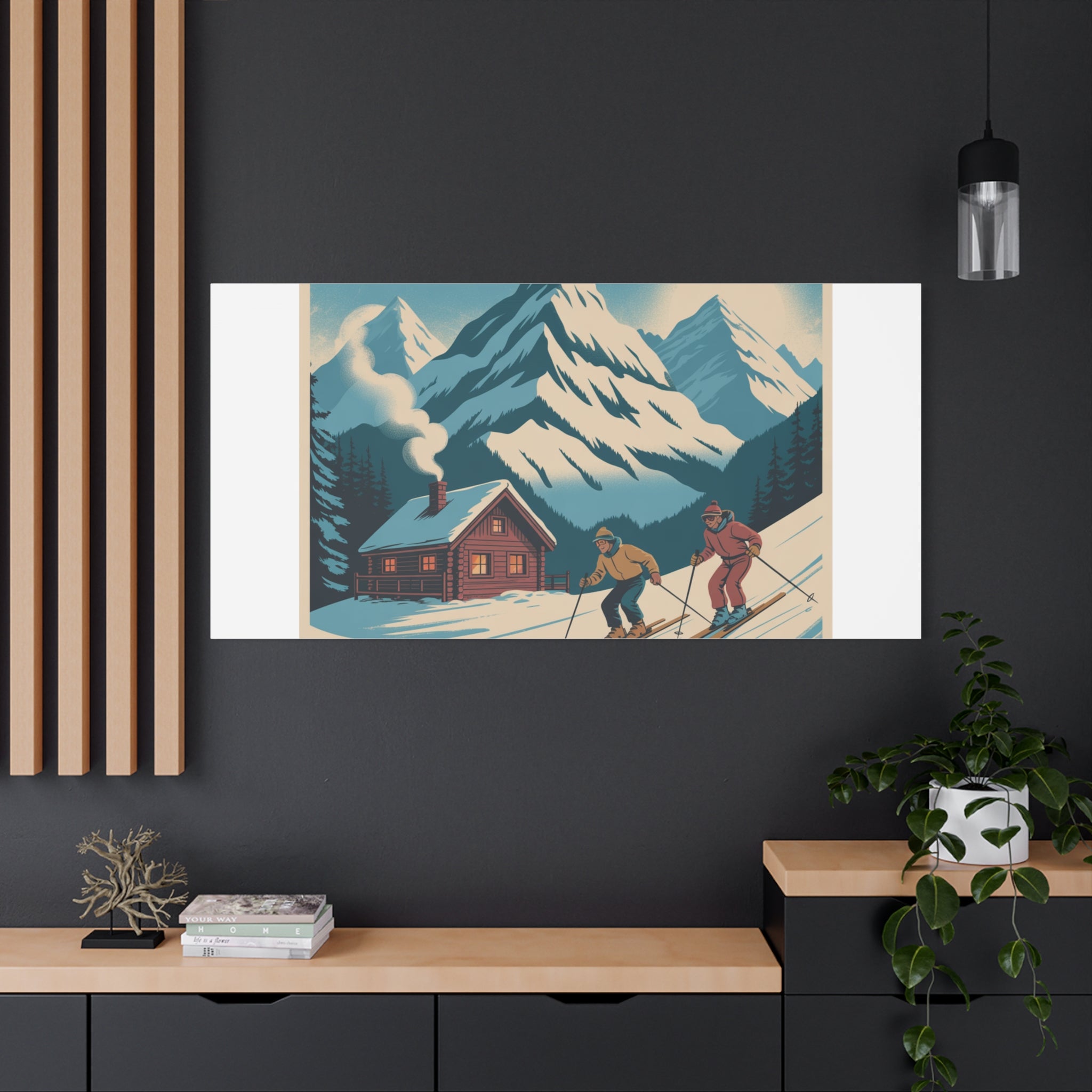 Retro Ski Mountain Canvas Print — Vintage Winter Cabin Art