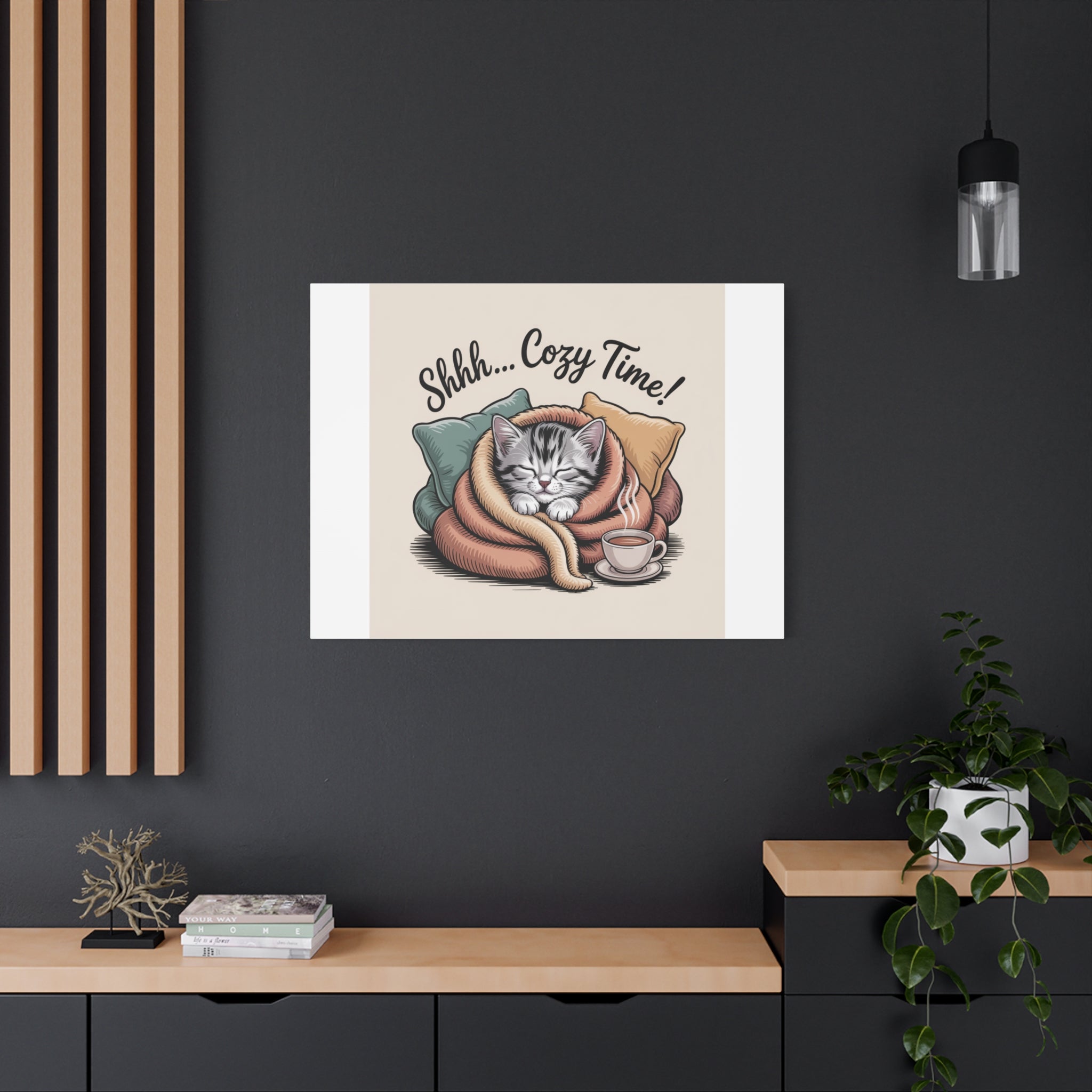 Cozy Cat Canvas Print — "Shhh... Cozy Time!" Matte Stretched Wall Art