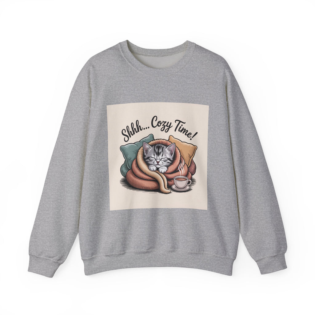 Cozy Cat Crewneck Sweatshirt — “Shhh... Cozy Time!” Graphic