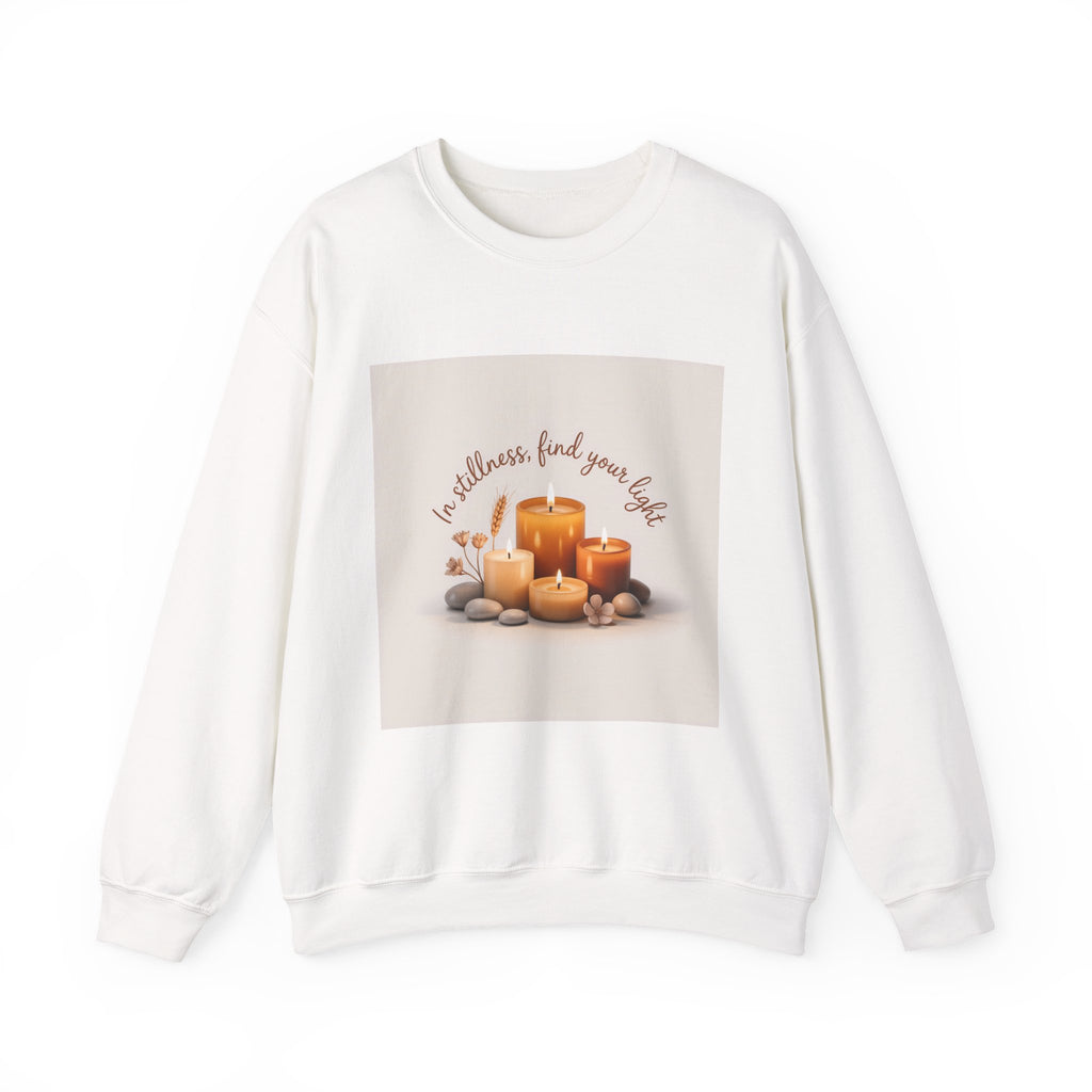 Cozy Candle Crewneck Sweatshirt — "In Stillness Find Your Light" Relaxation Pullover