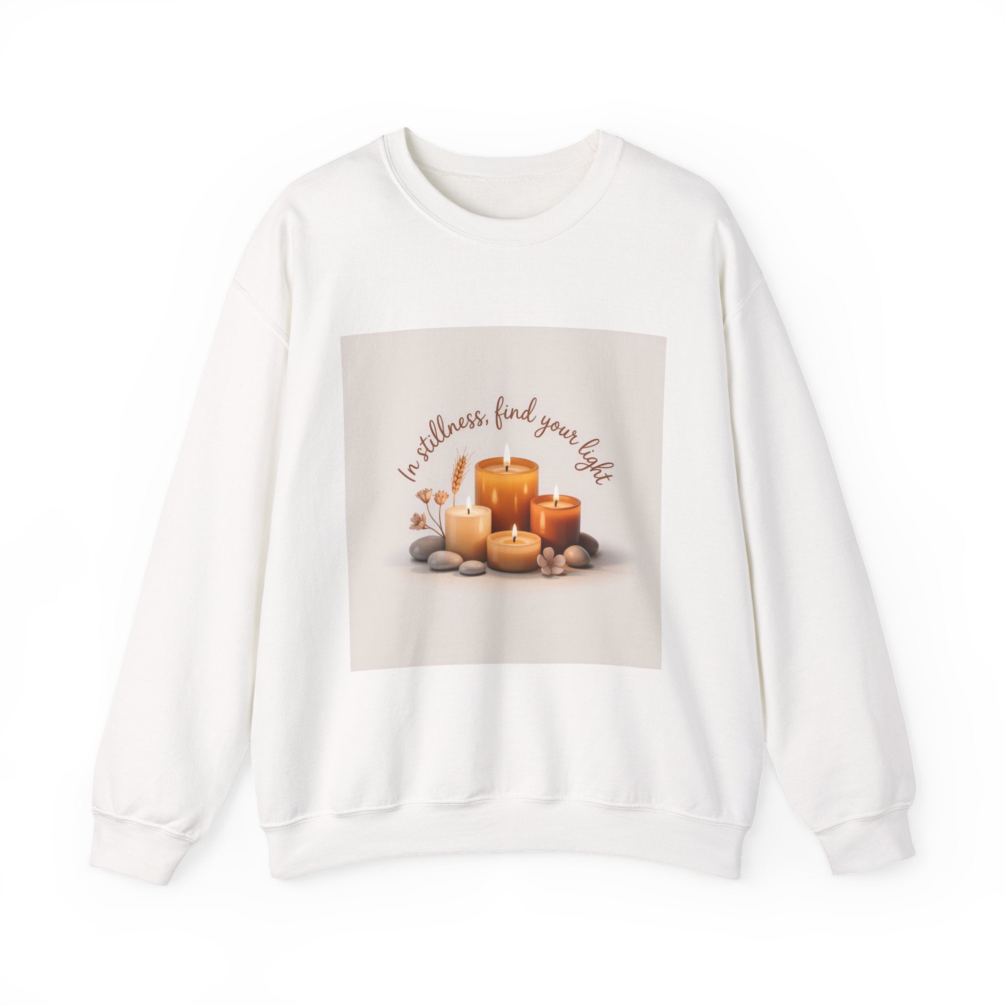 Cozy Candle Crewneck Sweatshirt — "In Stillness Find Your Light" Relaxation Pullover