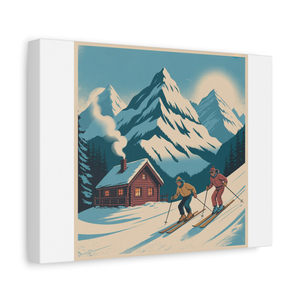 Retro Ski Mountain Canvas Print — Vintage Winter Cabin Art