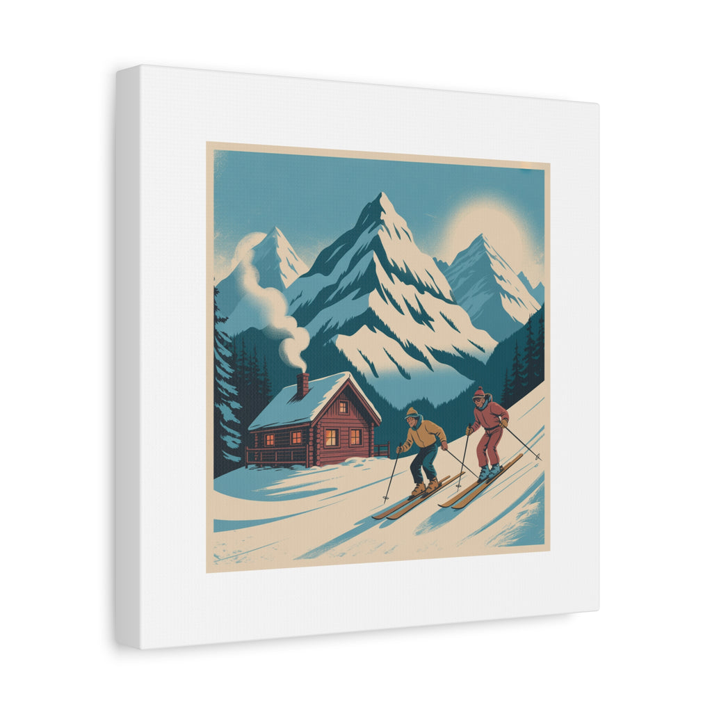 Retro Ski Mountain Canvas Print — Vintage Winter Cabin Art