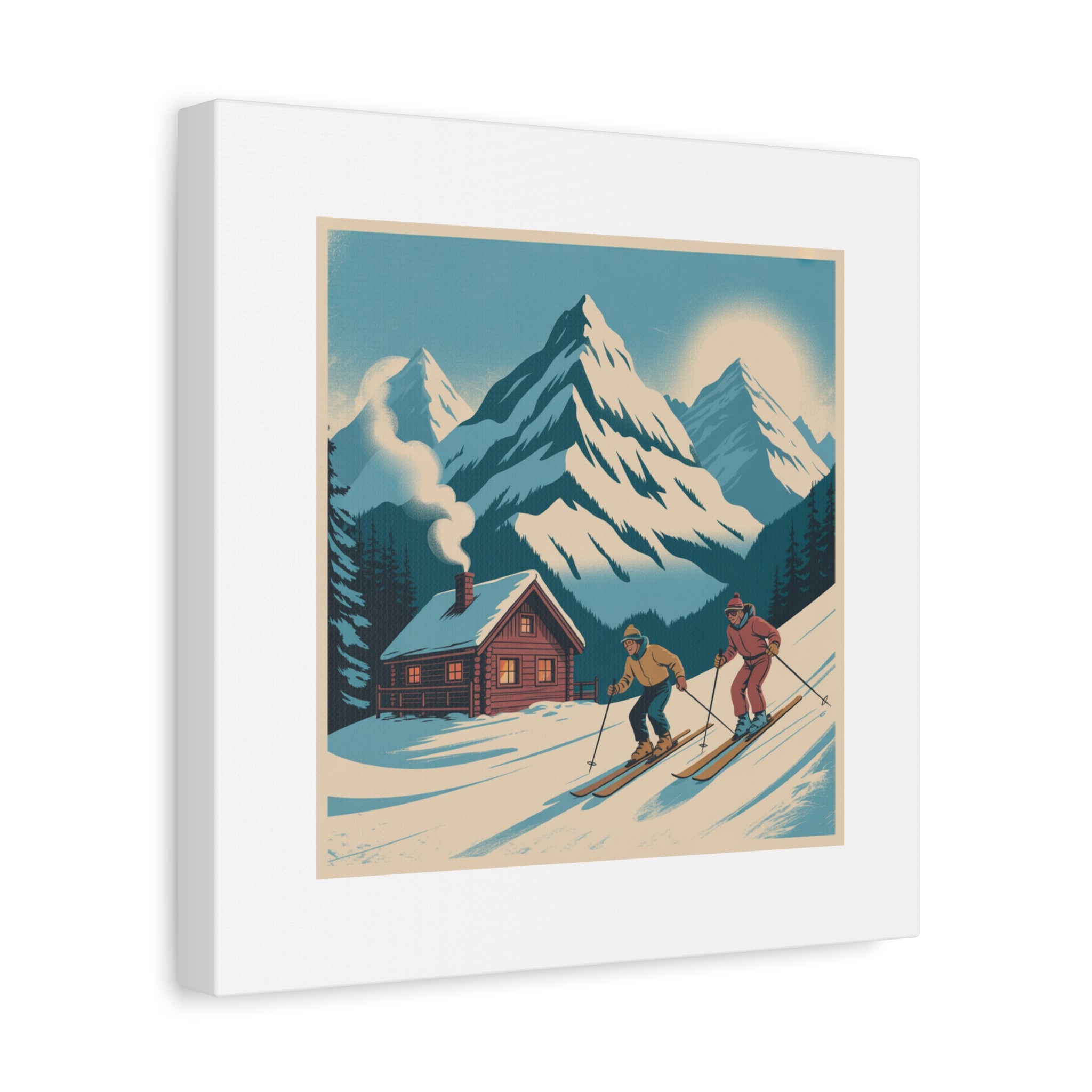 Retro Ski Mountain Canvas Print — Vintage Winter Cabin Art
