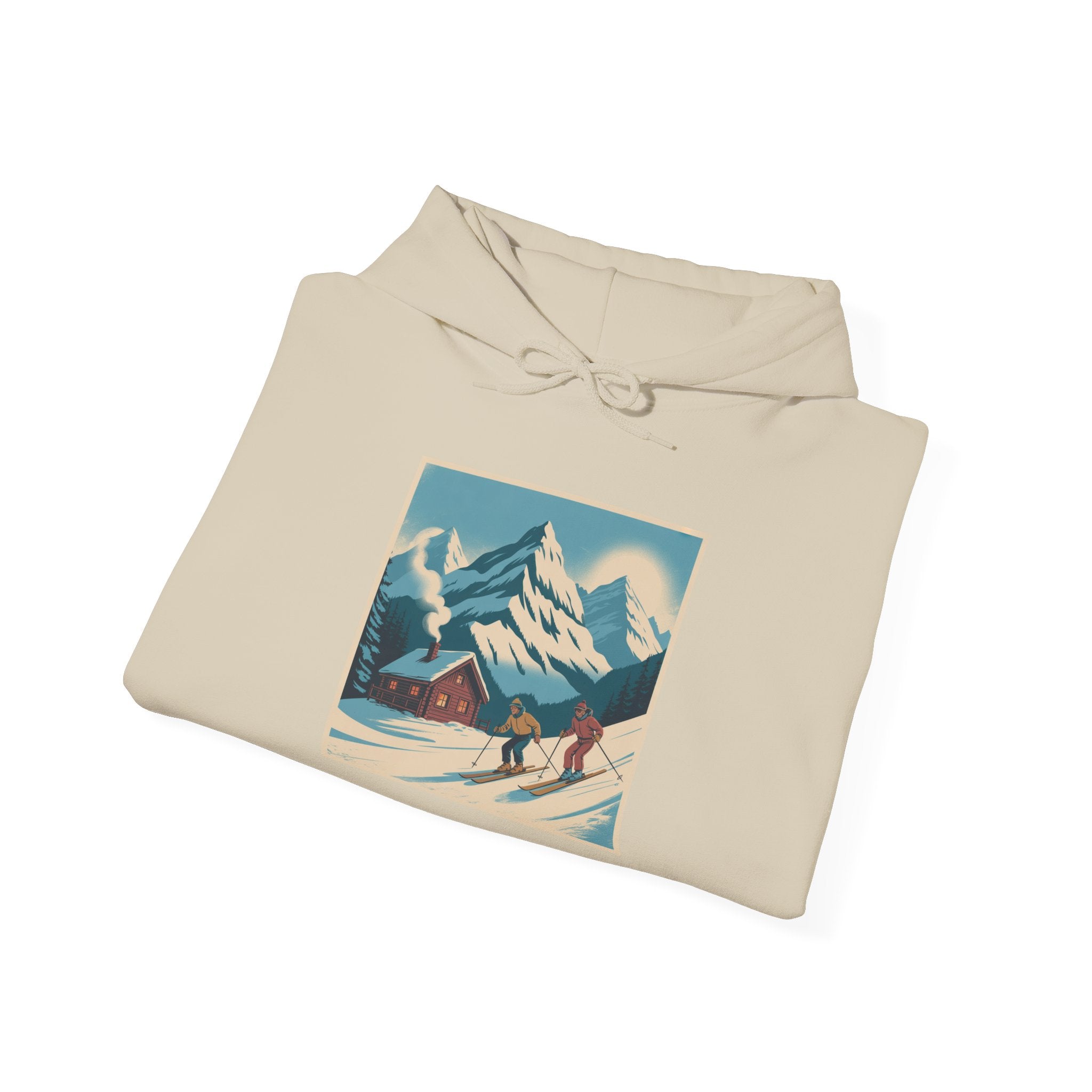 Mountain Ski Vintage Art Hoodie — Retro Alpine Chalet Winter Scene