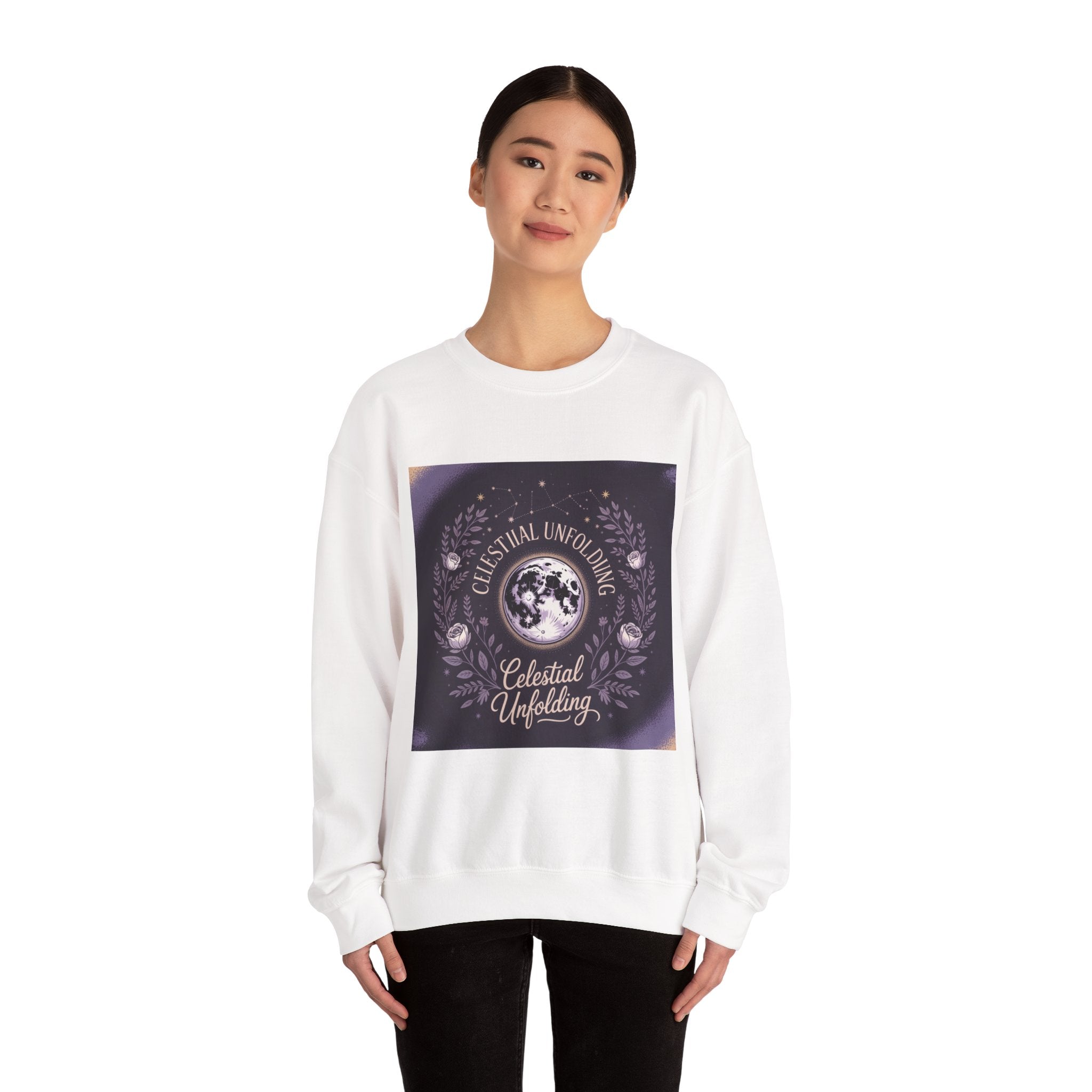 Celestial Unfolding Sweatshirt — Moon Phase Graphic Crewneck