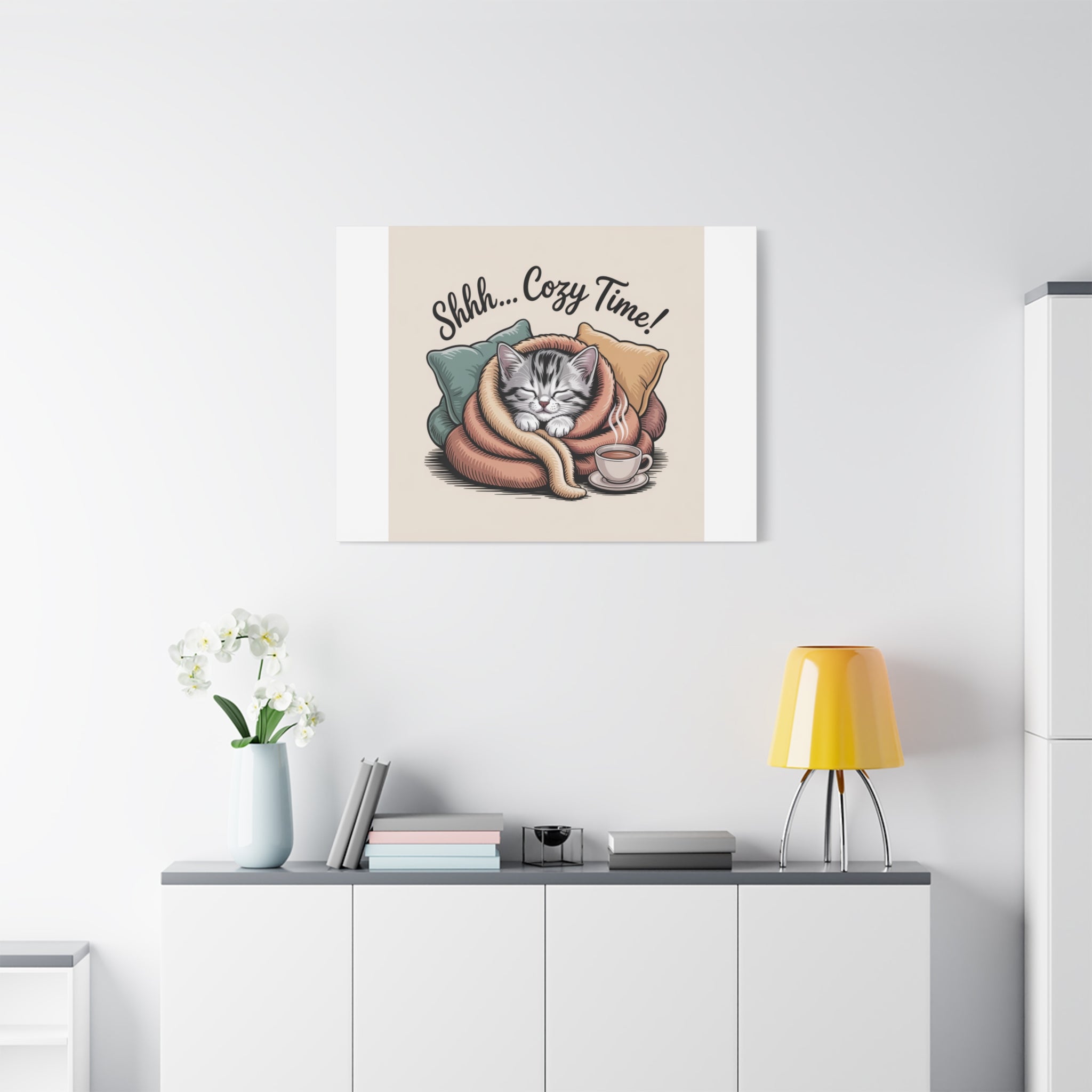 Cozy Cat Canvas Print — "Shhh... Cozy Time!" Matte Stretched Wall Art