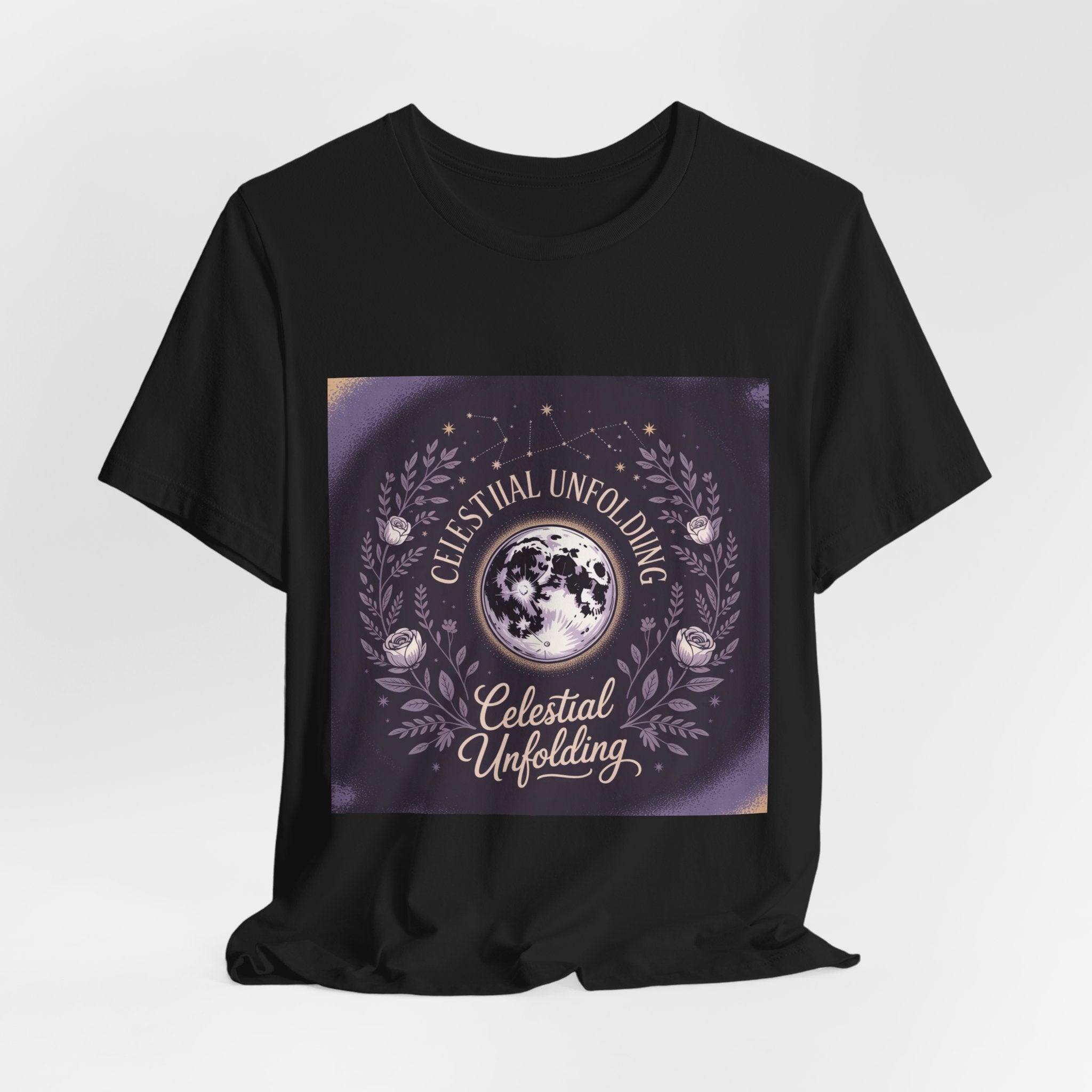 Celestial Unfolding Graphic Tee — Moon & Floral Astrology Shirt