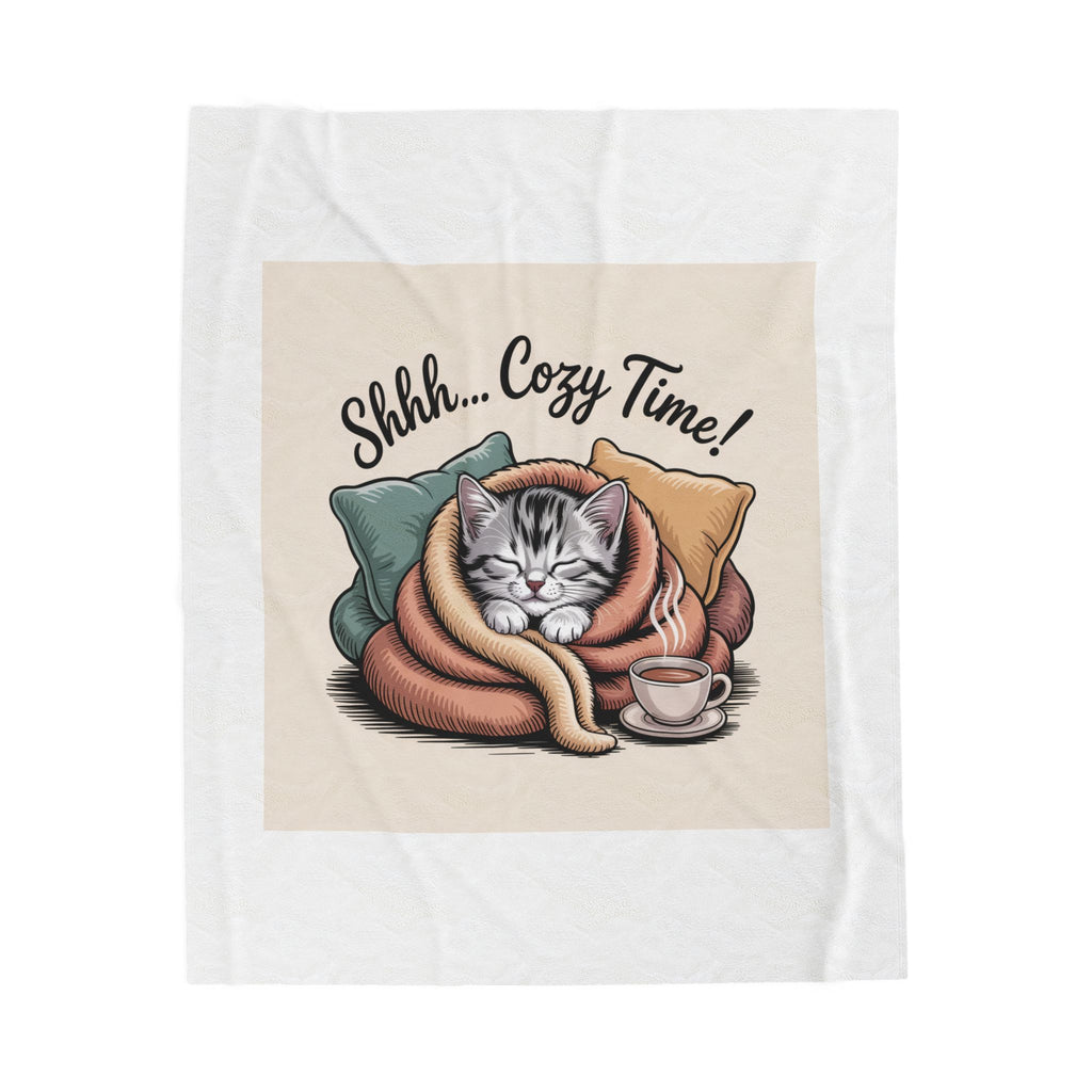 Plush Blanket — 'Shhh... Cozy Time!' Cat Wrapped in Blanket with Tea