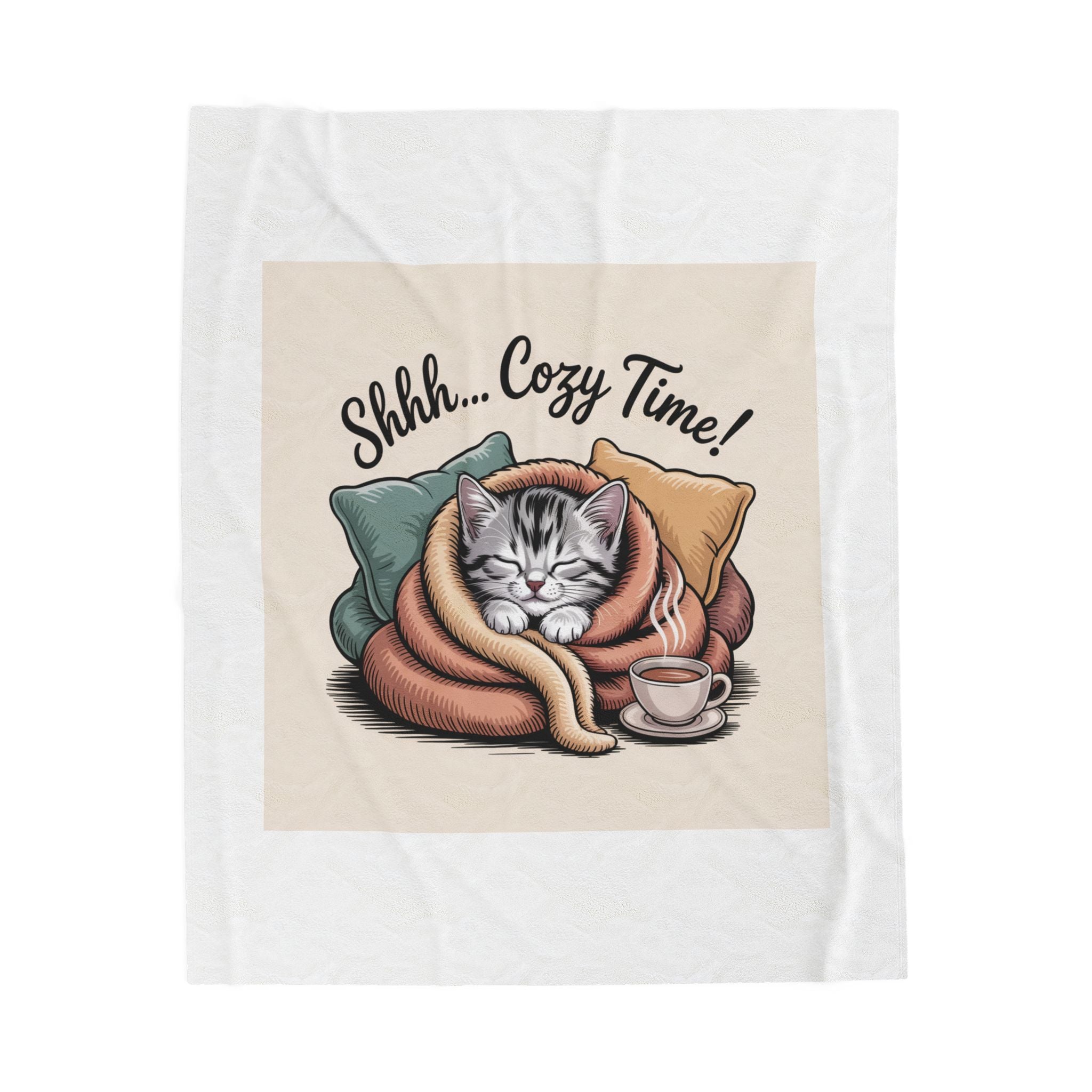 Plush Blanket — 'Shhh... Cozy Time!' Cat Wrapped in Blanket with Tea