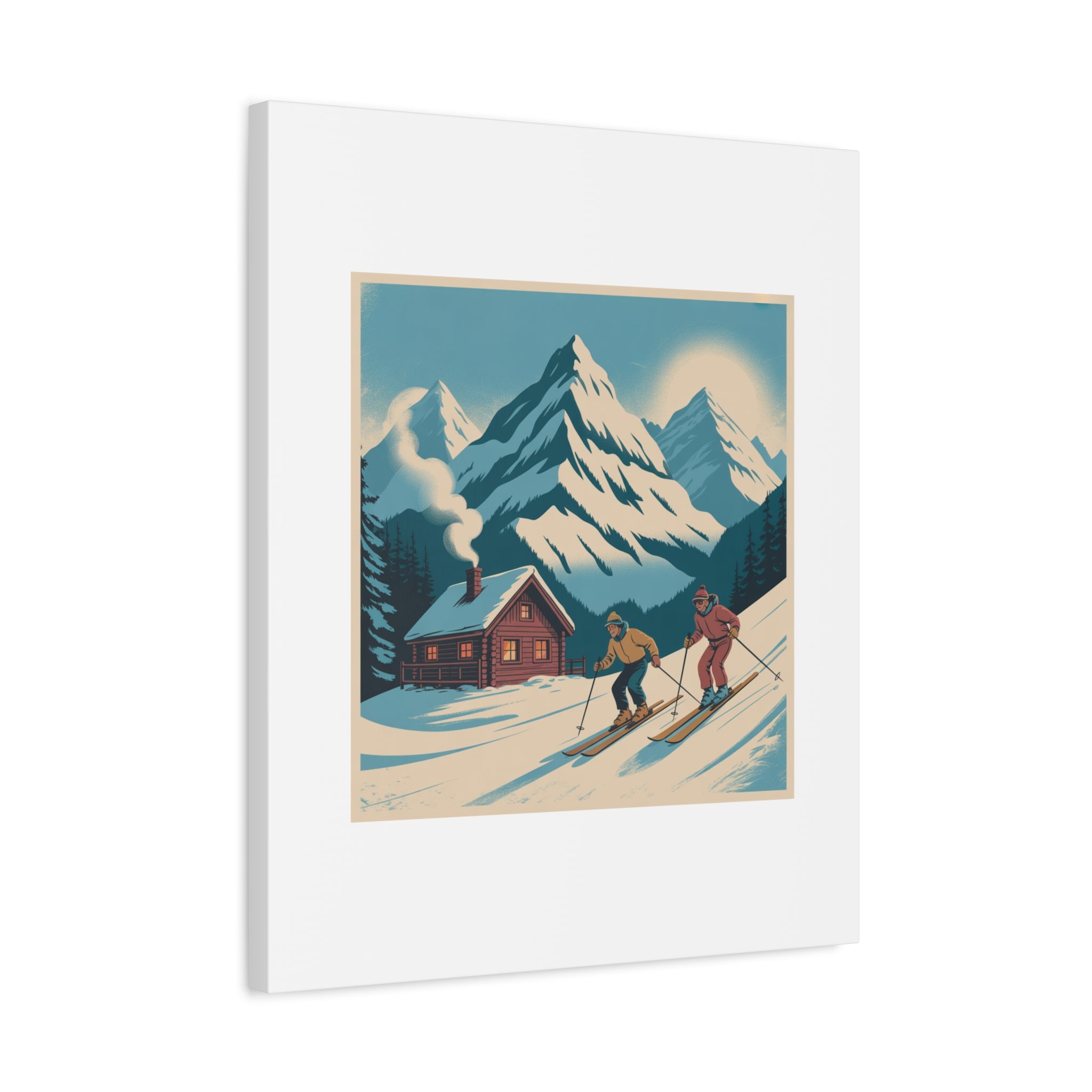 Retro Ski Mountain Canvas Print — Vintage Winter Cabin Art