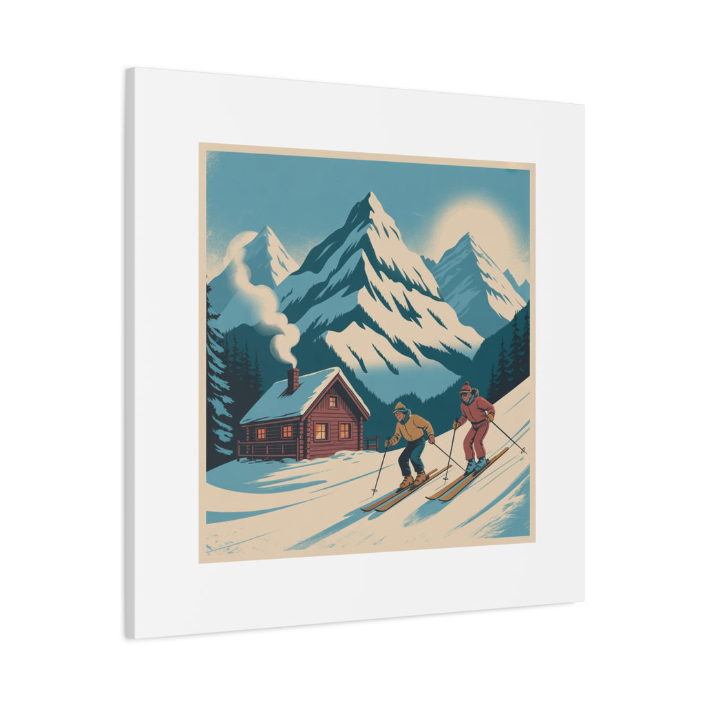 Retro Ski Mountain Canvas Print — Vintage Winter Cabin Art