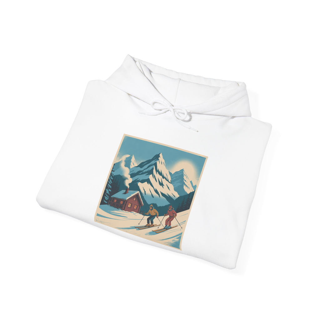 Mountain Ski Vintage Art Hoodie — Retro Alpine Chalet Winter Scene