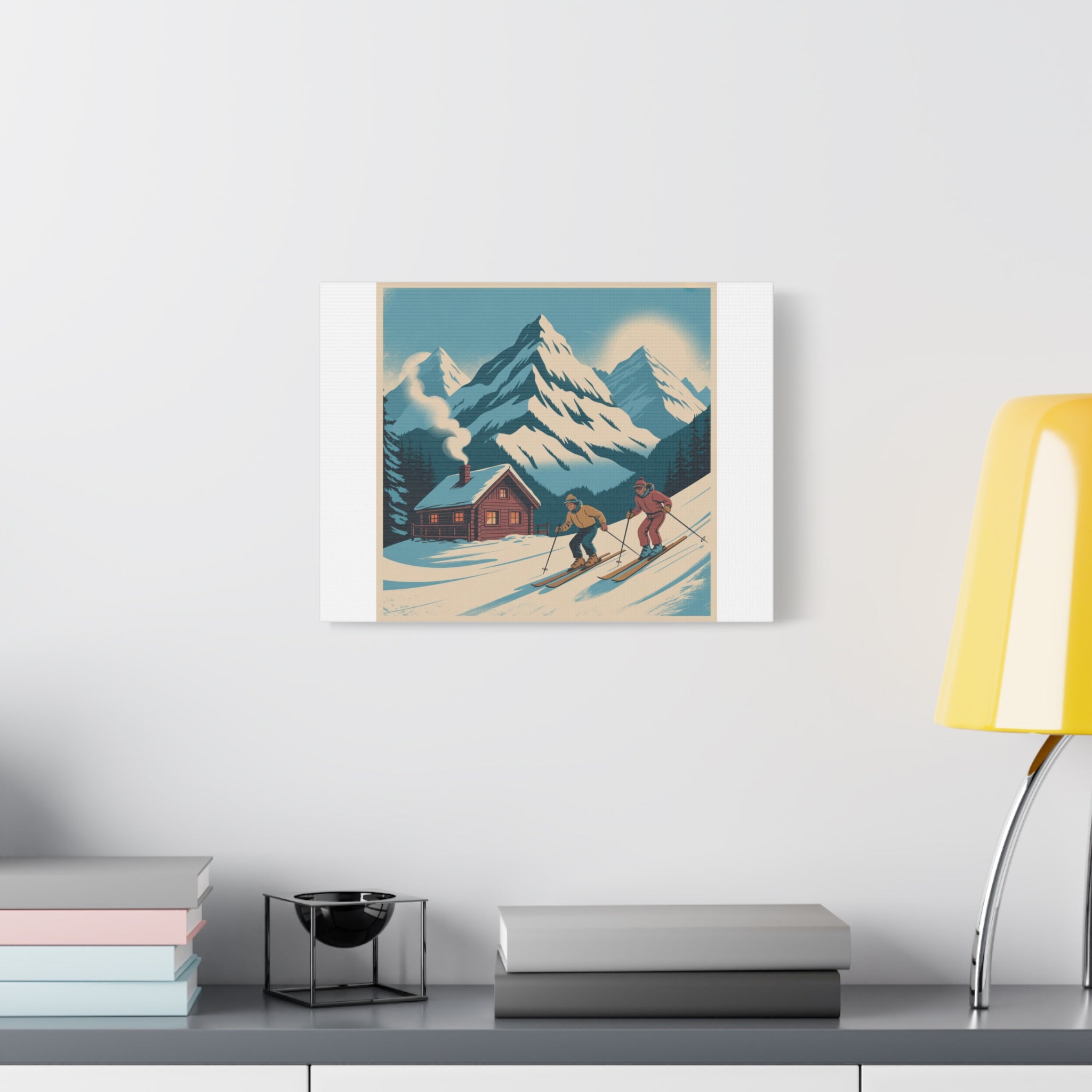 Retro Ski Mountain Canvas Print — Vintage Winter Cabin Art