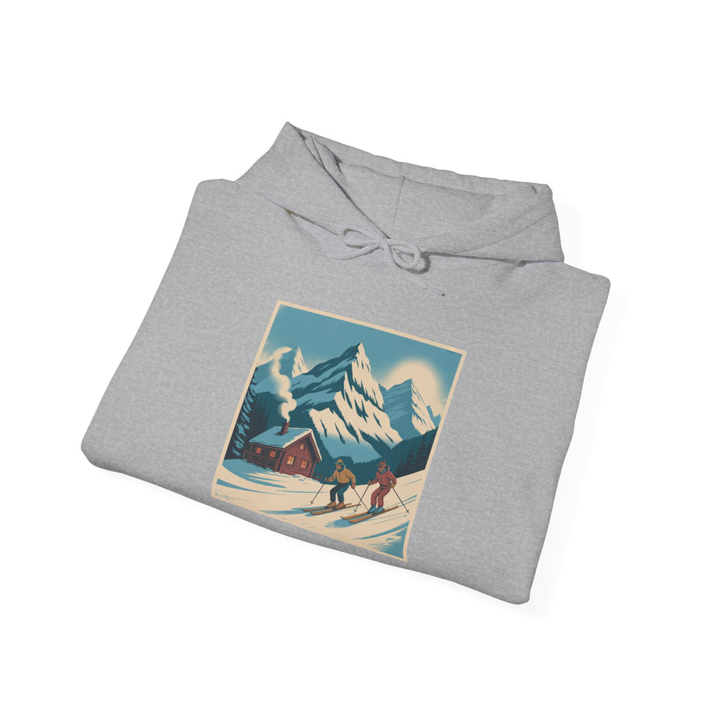Mountain Ski Vintage Art Hoodie — Retro Alpine Chalet Winter Scene