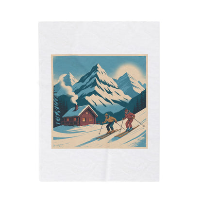 Vintage Ski Chalet Velveteen Plush Blanket — Retro Mountain Cabin Skiers