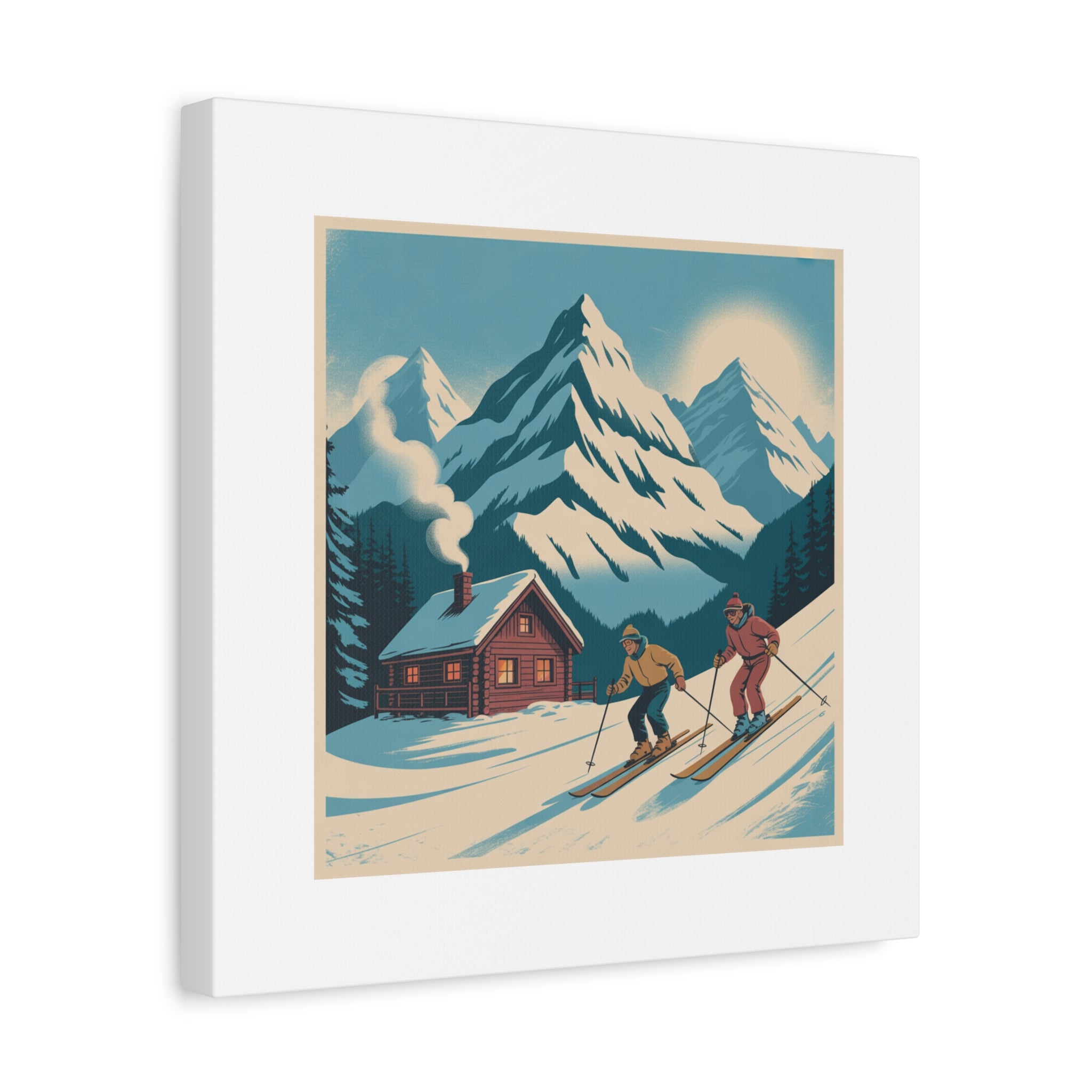 Retro Ski Mountain Canvas Print — Vintage Winter Cabin Art